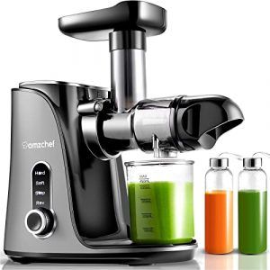 AMZCHEF Licuadora prensada en frío, licuadora de frutas y verduras, Extractor de zumos con 2 velocidades, panel de pantalla LED, 2 botellas de agua(500ML), cepillo fácil de limpiar - Plata