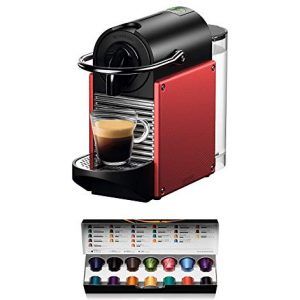Nespresso De'Longhi Pixie EN124.R Cafetera monodosis cápsulas, 19 Bares, depósito Agua 0.7 L, Apagado automático, Rojo, Incluye pack de bienvenida con 14 cápsulas