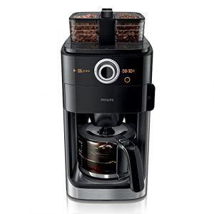 Philips Cafetera con Molinillo de Café - Jarra Cristal 1.2L, 12 Tazas, Doble Contenedor Granos, Temporizador, Negro/Metal (HD7769/00)